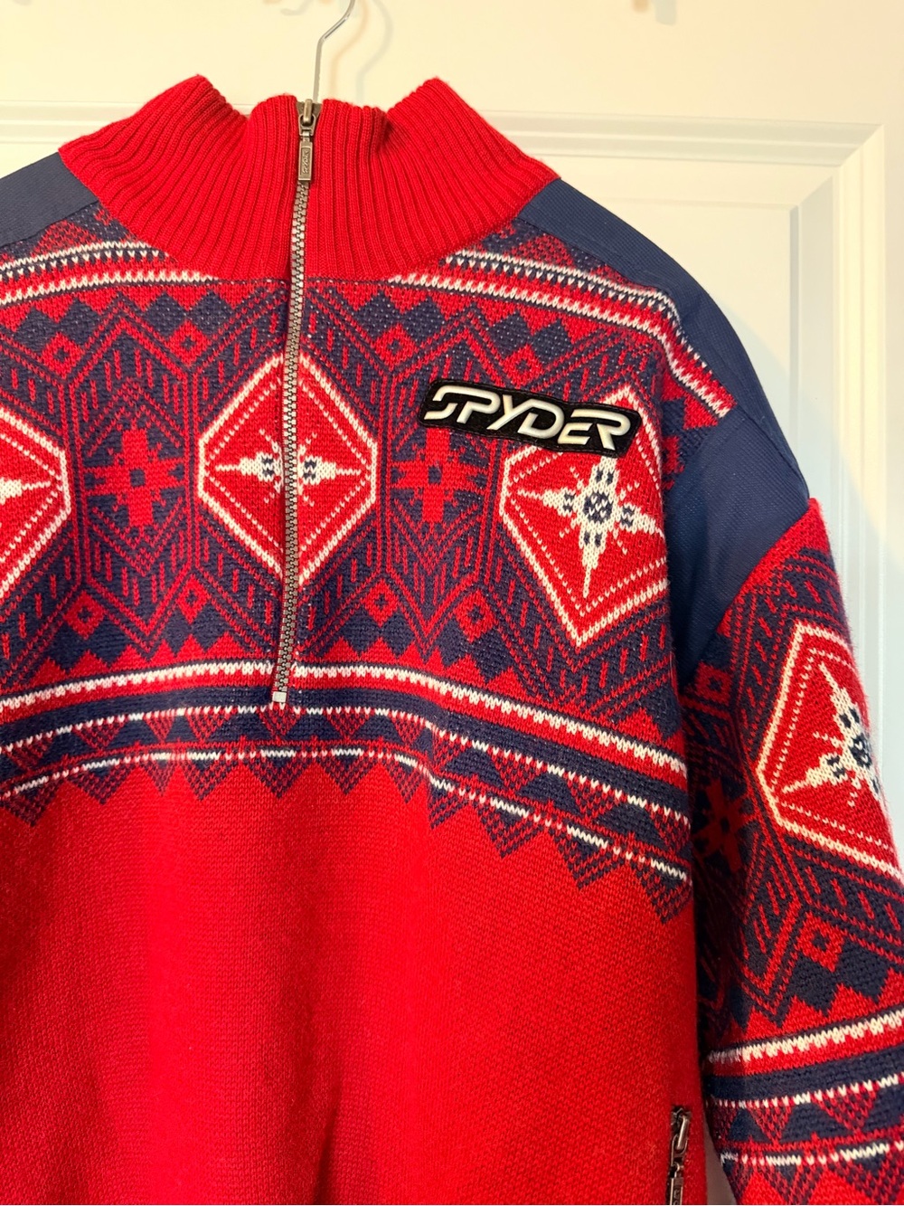 Vintage Spyder Lined Ski Sweater Men's Large Red Nordic Fair Isle 1/4 Zip - Picture 2 of 9